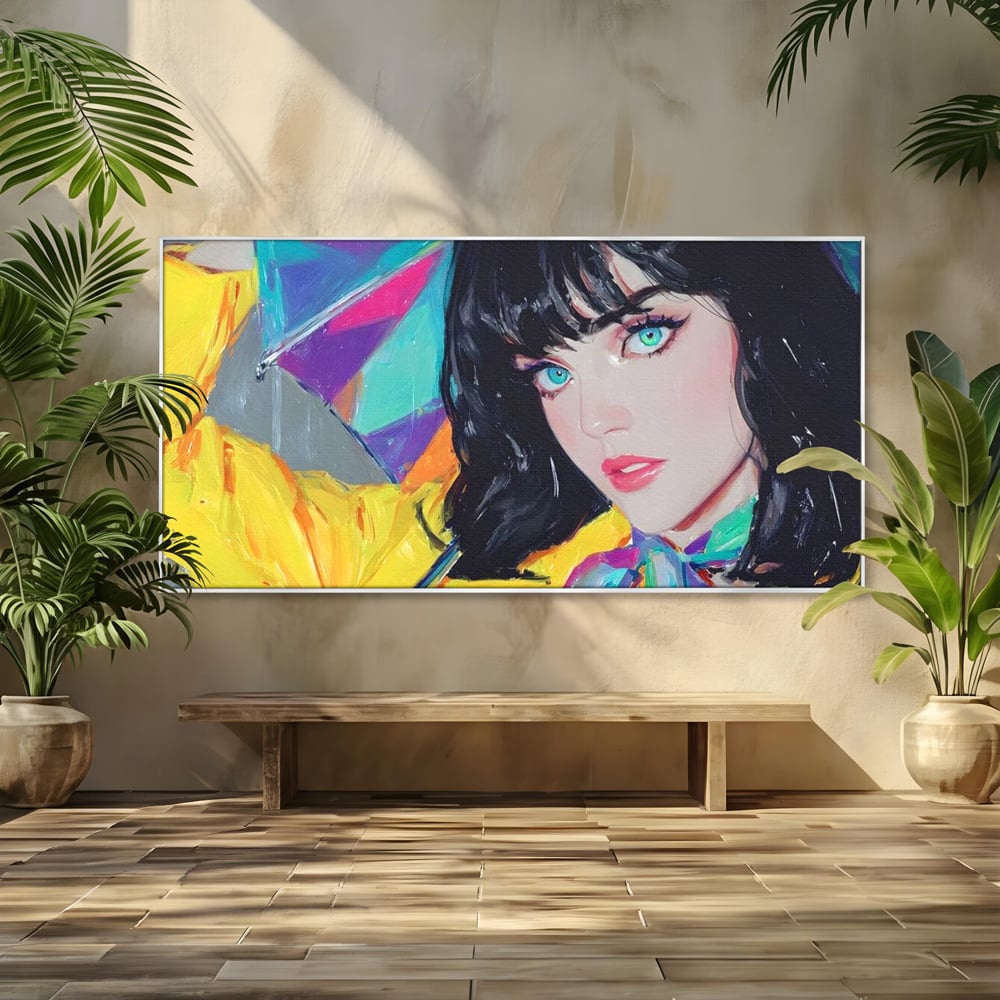 Tablou canvas cu pictura cu femeie bruneta si umbrela colorata, in rama de aluminiu argintiu